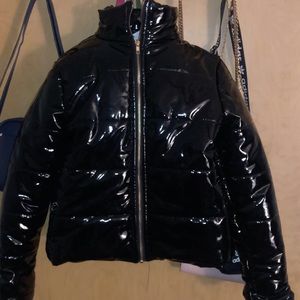 Black Cropped Latex Puffer Coat 